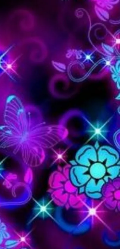 Vibrant neon butterfly wallpaper with floral design.