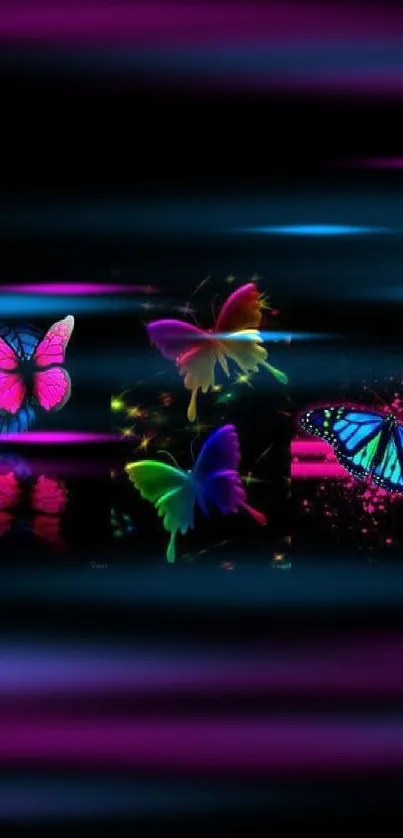 Vibrant neon butterfly wallpaper glowing with colorful designs.