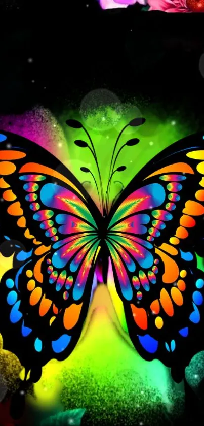 Vibrant neon butterfly with colorful glow.