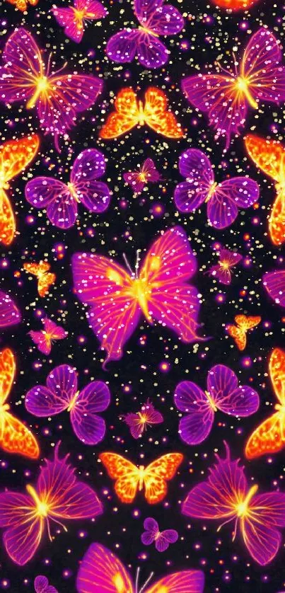 Vibrant neon butterflies on a dark background.