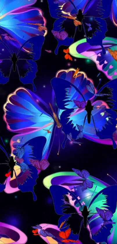 Vibrant neon butterflies with luminous wings on a dark background.
