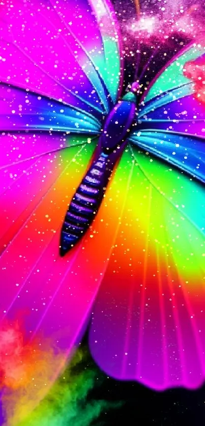 Vibrant neon butterfly with colorful wings on a vivid background.