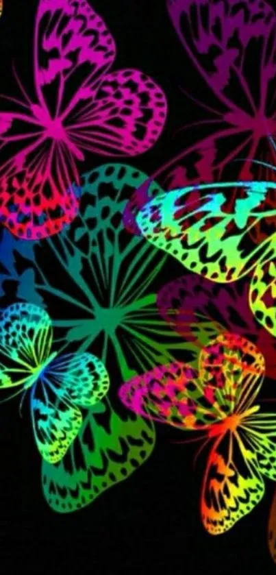 Vibrant neon butterflies on a black background wallpaper.