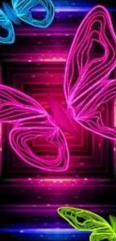 Vibrant neon butterflies on black background, colorful mobile wallpaper.