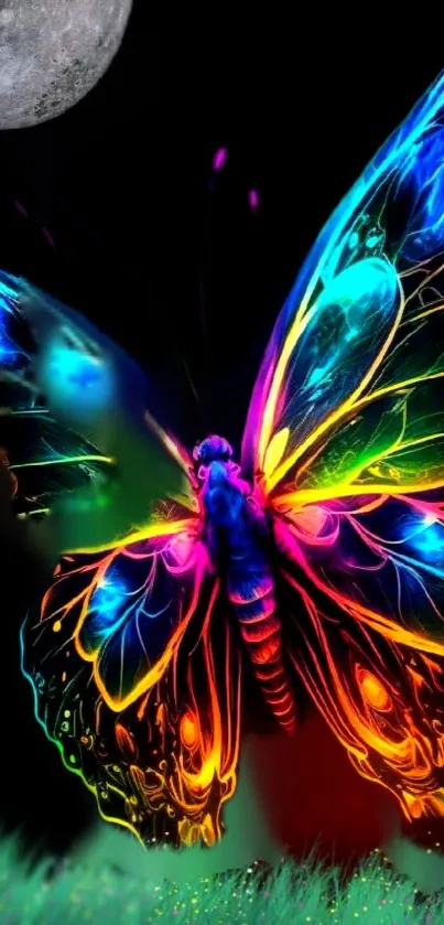 Neon butterfly with cosmic background in vibrant colors for mobile wallpaper.