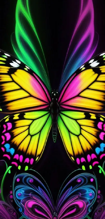 Vibrant neon butterfly wallpaper with glowing colors and dark background.