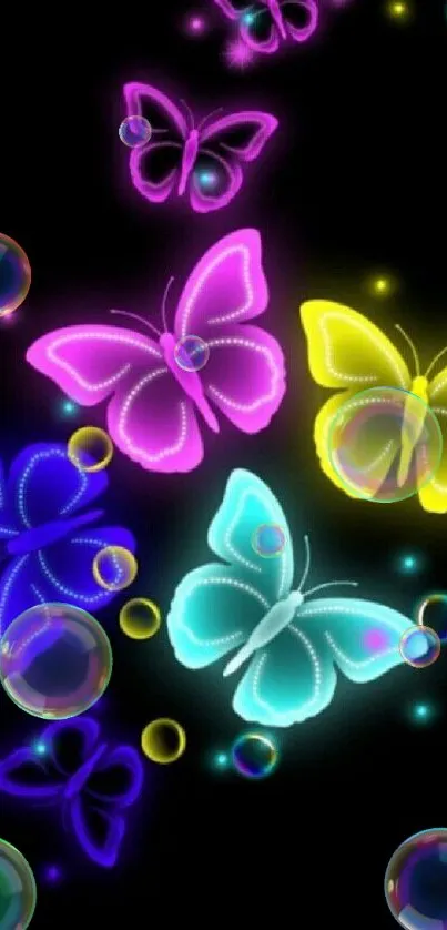 Vibrant neon butterflies glowing on dark wallpaper background.