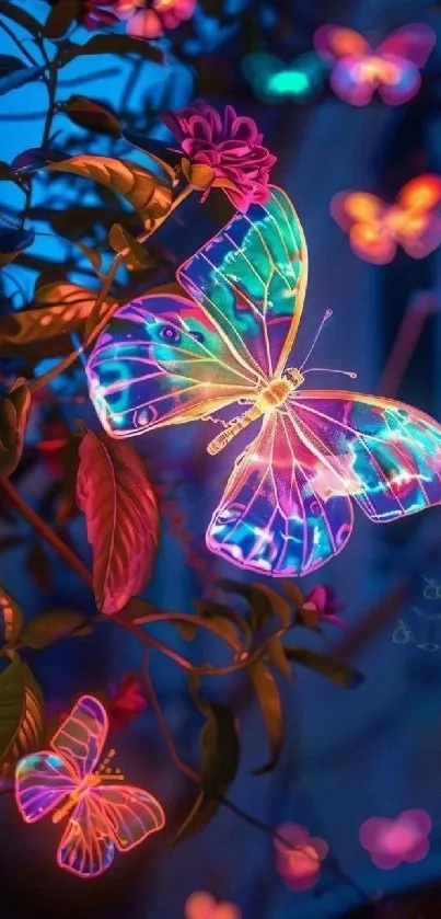 Vibrant neon butterflies in lush foliage.