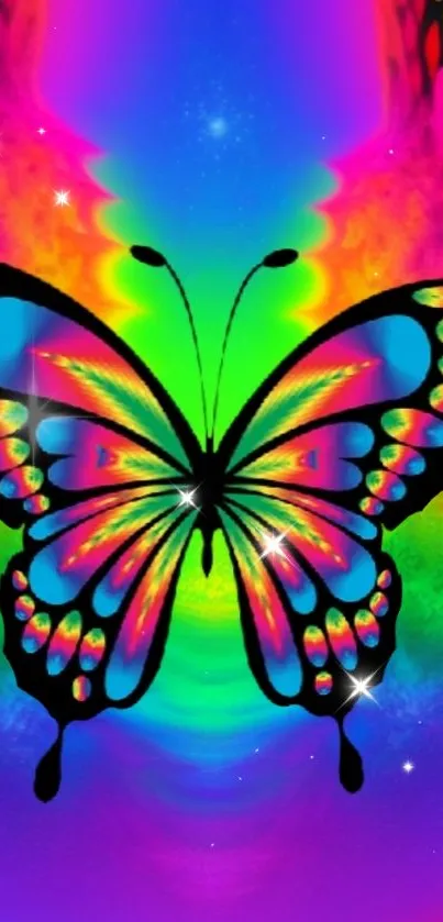 Vibrant neon butterfly with rainbow background.
