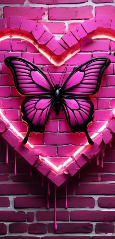 Pink butterfly on neon heart wall art design.