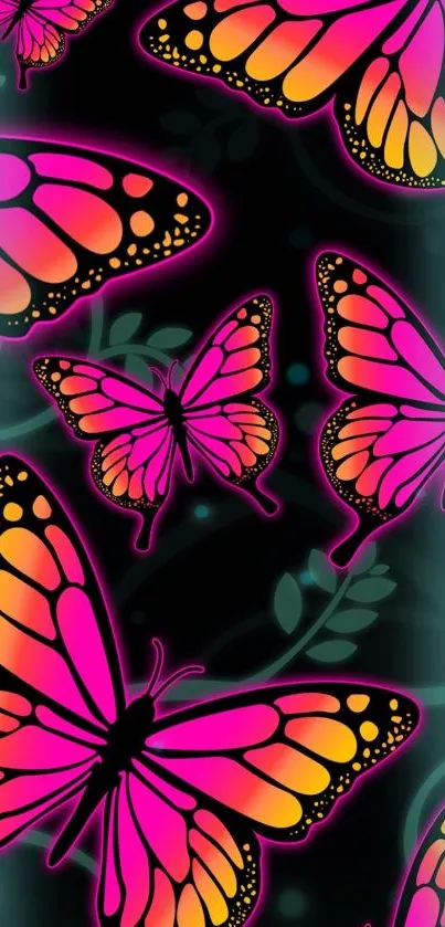 Neon butterflies with pink and orange wings on a dark background.