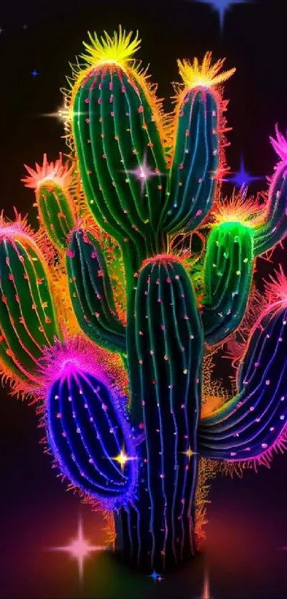 Vibrant neon cactus glowing in colorful light.