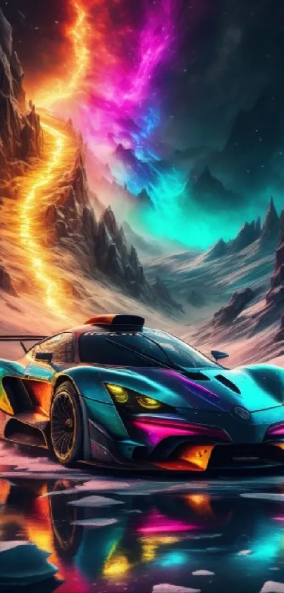 Vibrant neon car with aurora and mountains.