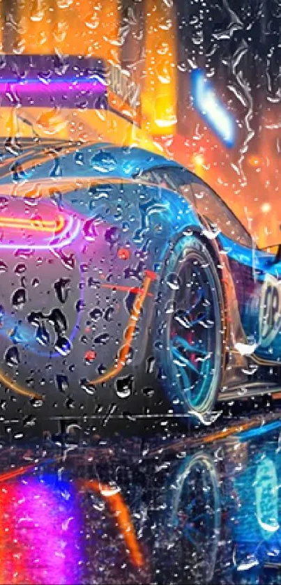 Neon car in a vibrant, rainy cityscape with colorful reflections.