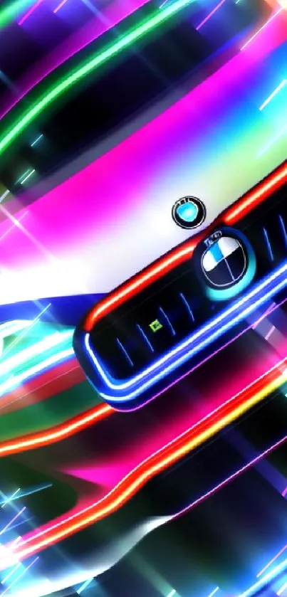 Vibrant neon car art with colorful lights.