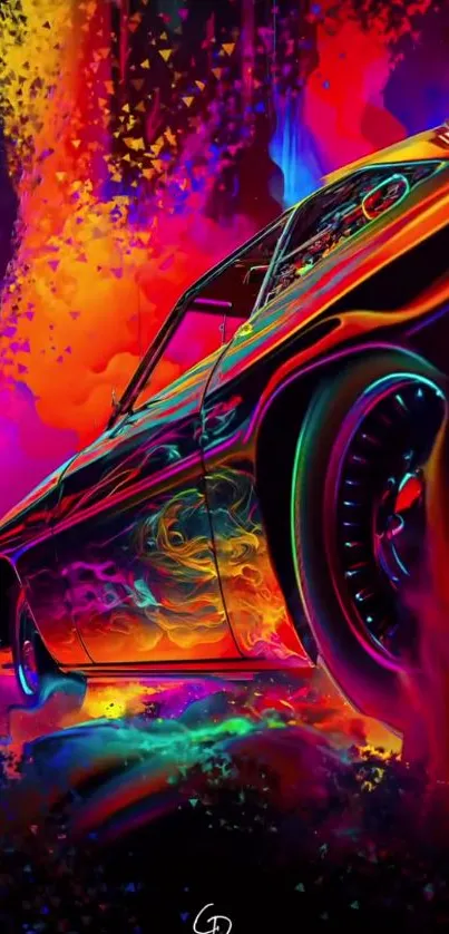 Vibrant neon car with abstract color splash design.