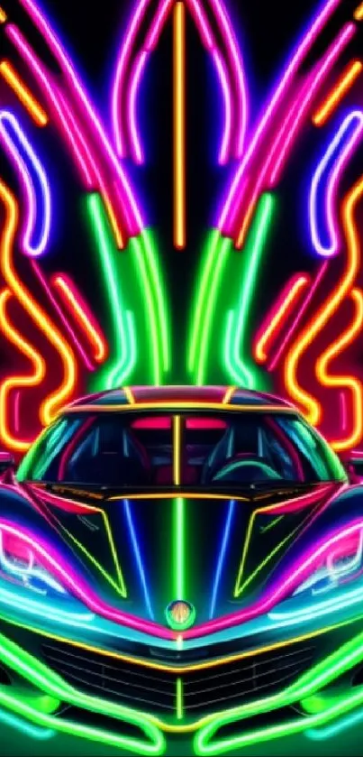 Vibrant neon car design with dynamic colors and glowing lights.