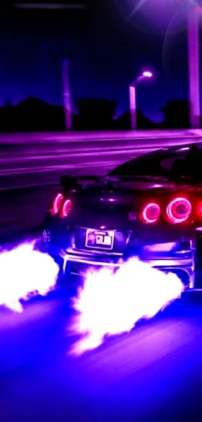 Neon sports car speeding with flames on dark road.