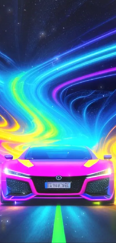 Vibrant neon car with swirling colorful lights.