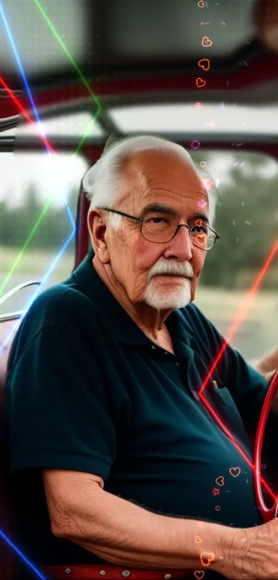 Elderly man driving a vintage car with neon lights.