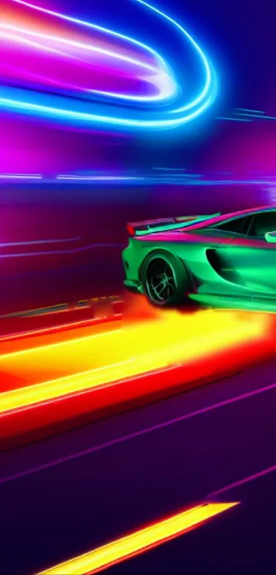 Vibrant neon car speeding with dynamic colors and glowing lights.