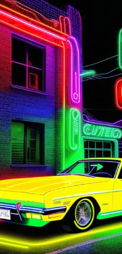 Vibrant yellow car in neon-lit street with colorful signs.