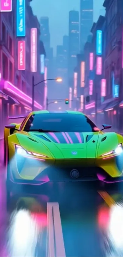 Vibrant neon car speeding through a city street at night.