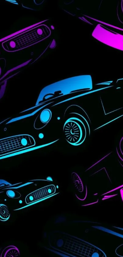 Neon car design in vibrant blue and purple tones on black background.