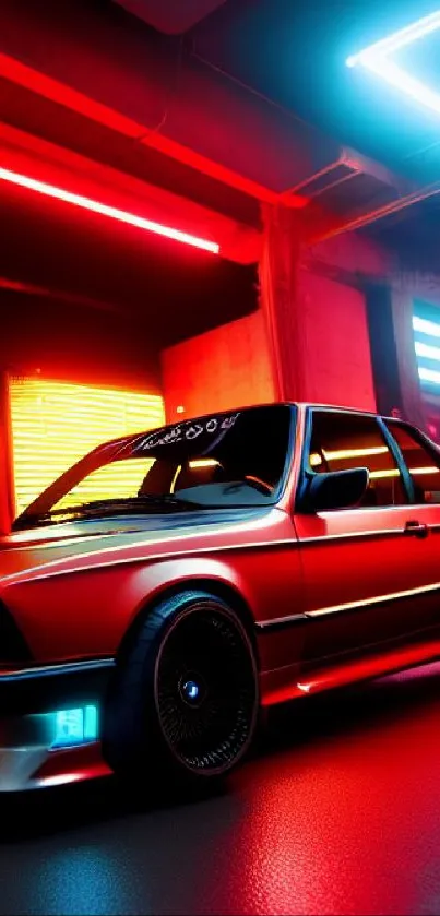 Red car with neon lights in an urban setting, vibrant and futuristic.