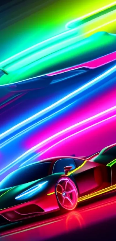 Neon car with vibrant colors and sleek design in motion.