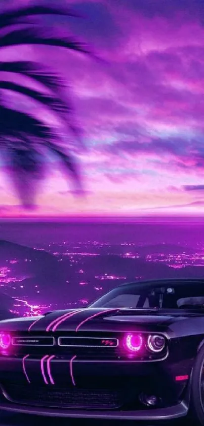 Neon-lit car with purple skyline and vibrant sunset.