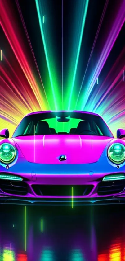 Vibrant neon sports car with colorful light trails in the background.