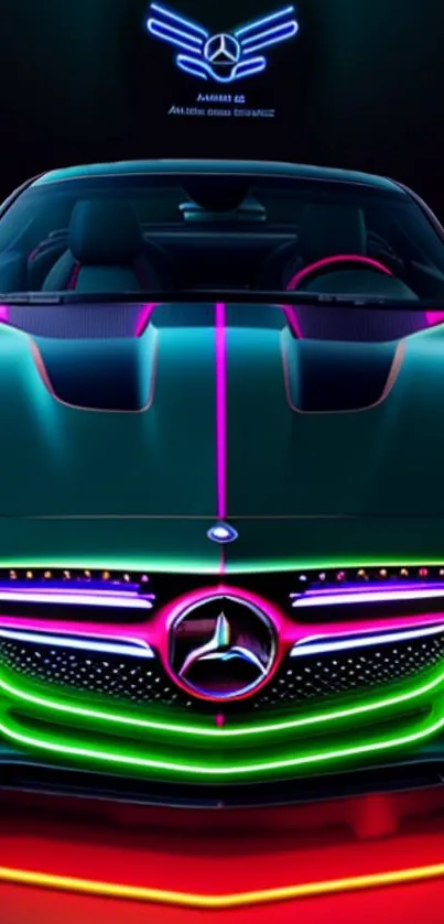 Black luxury car with vibrant neon lights and sleek design.