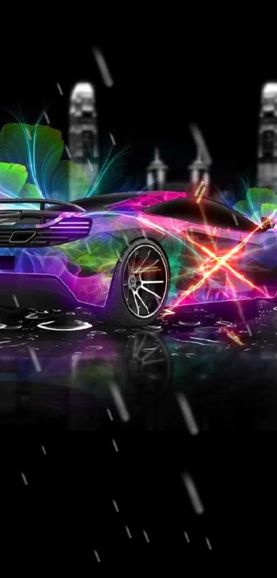 Sleek neon car with vibrant glow against a dark cityscape.