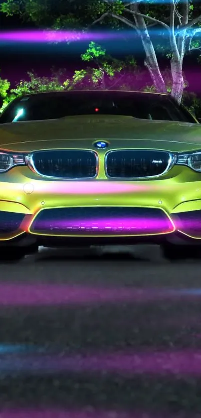 Vibrant neon sports car with colorful lights and night background.