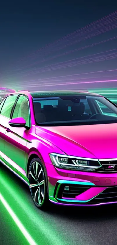 Vibrant pink car on a glowing neon road.