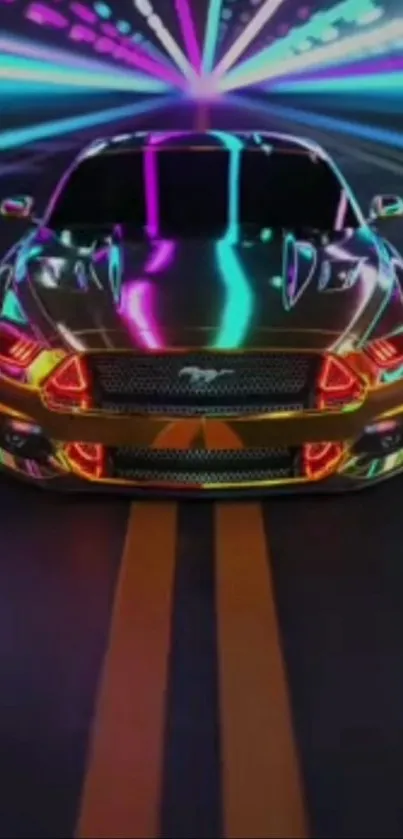 Vibrant neon car with multicolor lights in a futuristic street setting.