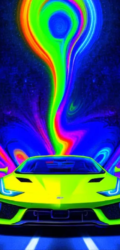 Vibrant neon sports car with colorful background glowing.