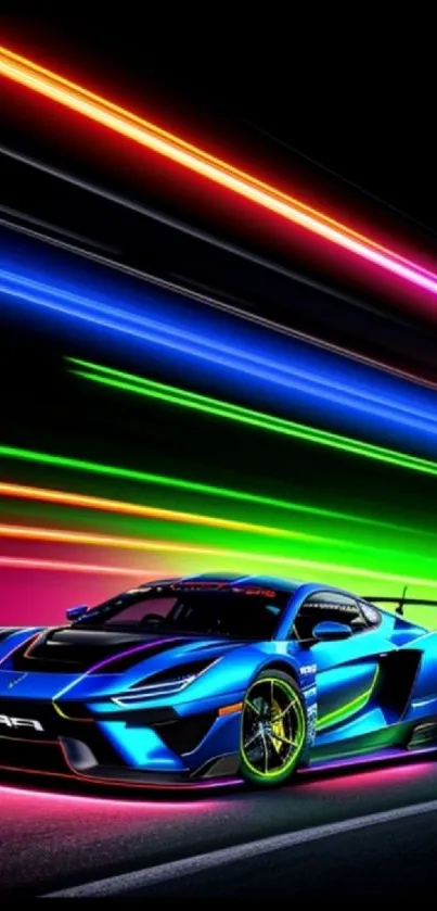 Neon sports car with colorful light trails at night.