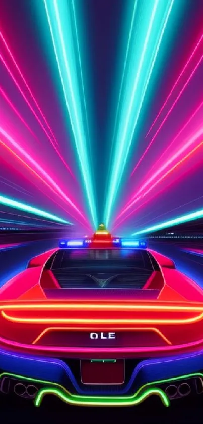 Futuristic car racing through neon-lit digital highway in vibrant colors.