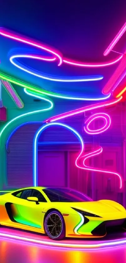 Neon-lit sports car in vibrant alley street.