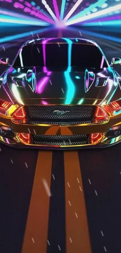 Sleek sports car with vibrant neon lights on the road.