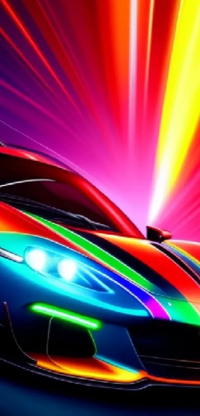 Vibrant neon sports car with colorful lights radiating.