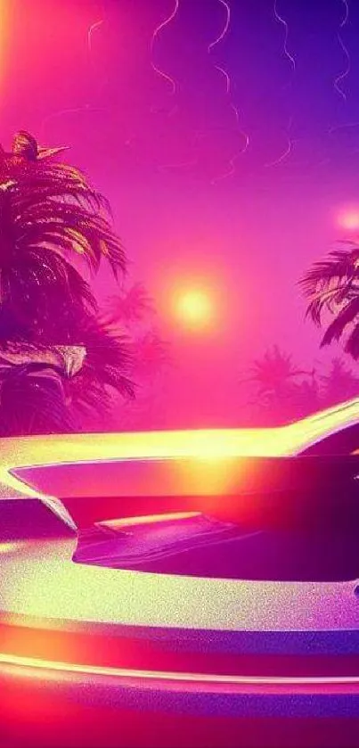 Futuristic neon car with tropical background in vibrant colors.