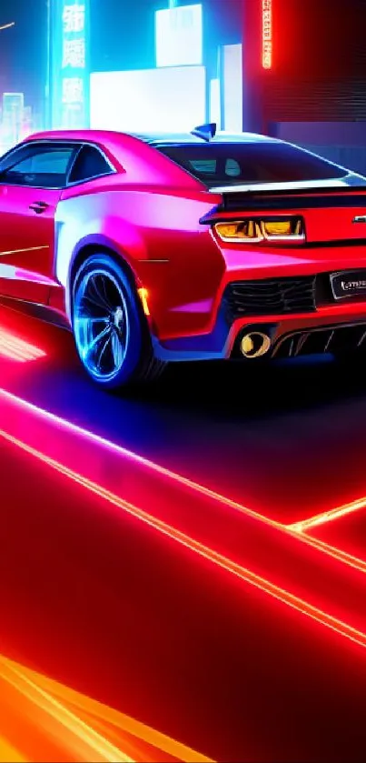 Neon car racing in vibrant city lights at night.