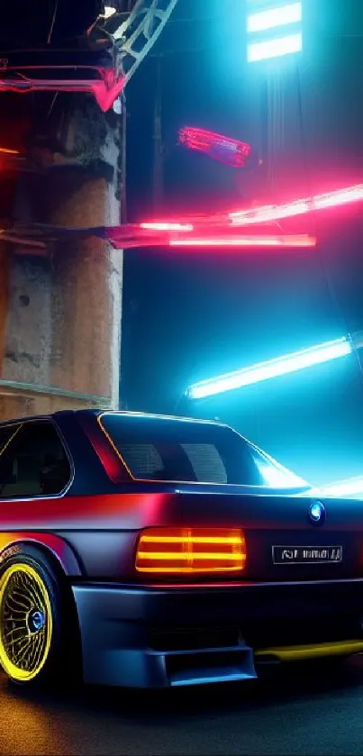 Colorful car under vibrant neon lights, creating a dynamic and modern aesthetic.