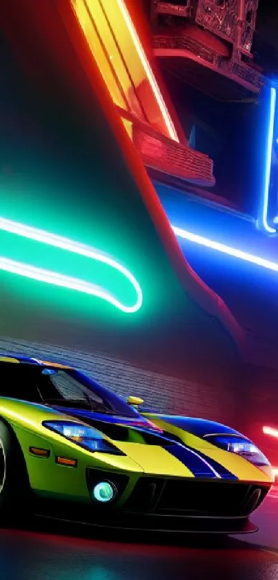 Sleek sports car with neon lights in a vibrant setting.