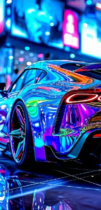 Vibrant neon lights reflected on a sleek car in an urban setting.