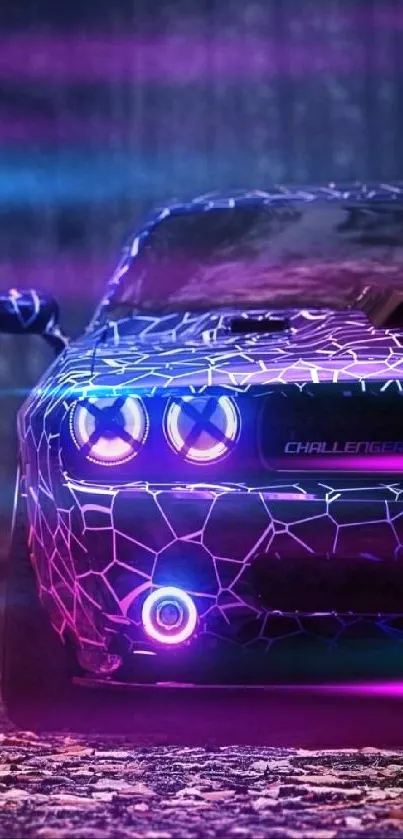 Neon-lit sports car with vibrant purple and blue design on wallpaper.