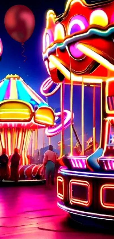 Bright neon carnival ride with vibrant pink lights.